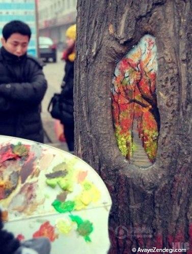 نقاشی های خلاقانه روی گودی درختان 