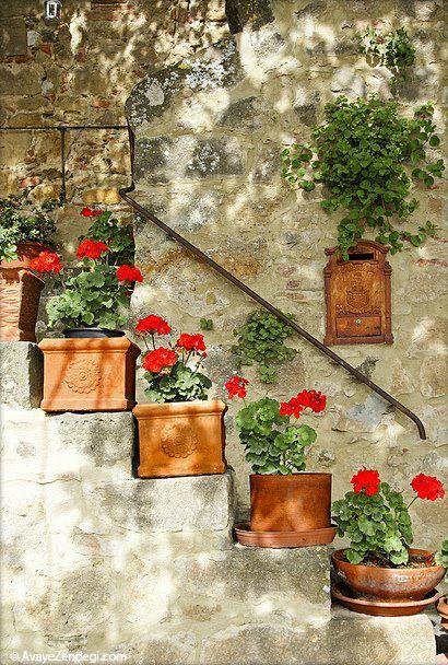تزئین راه پله با گلدان های كوچك